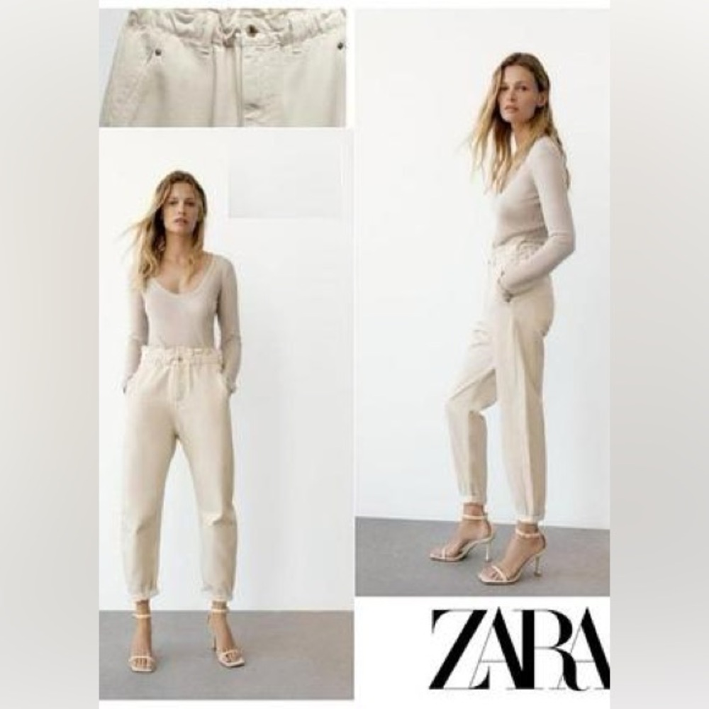 Zara Paperbag Waist Baggy Barrel Jeans Cream Ivory Denim Size 10